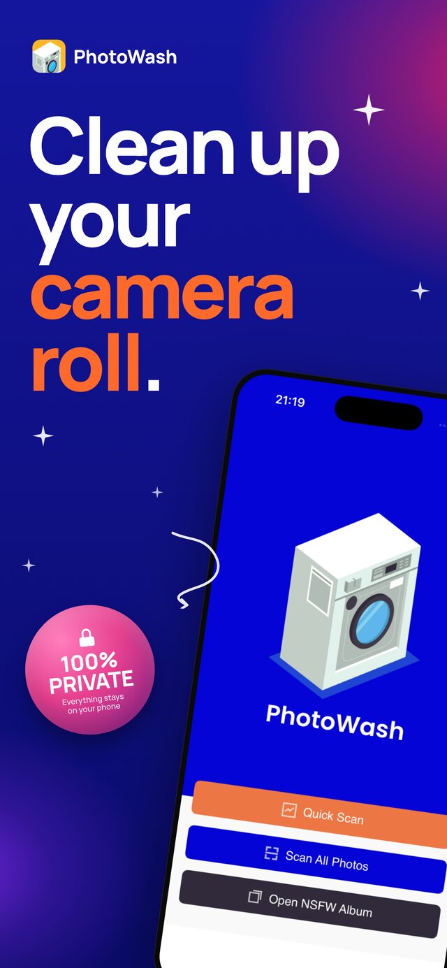 Clean up your camera roll: the PhotoWash home screen with Quick Scan, Scan All Photos and Open NSFW Album