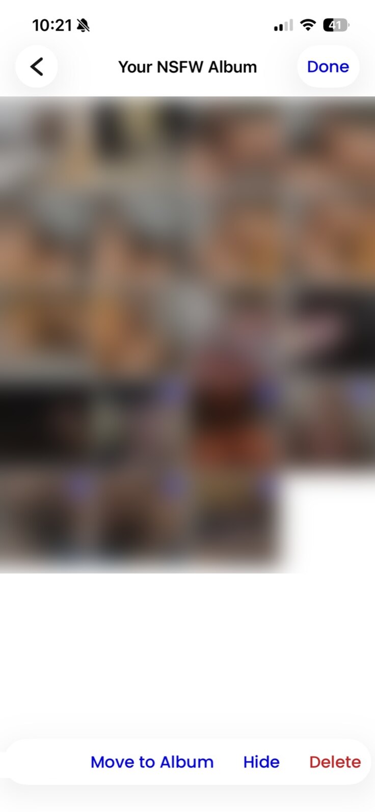 The NSFW album, thumbnails blurred, several selected, with Move to Album, Hide and Delete along the bottom