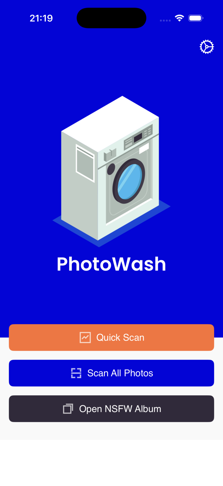 The PhotoWash home screen, offering Quick Scan, Scan All Photos and Open NSFW Album