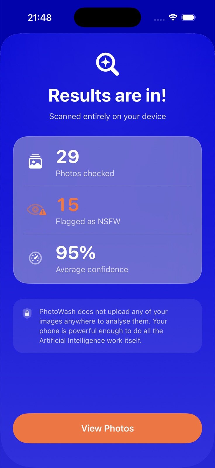 A scan report: 29 photos checked, 15 flagged as NSFW, 95 per cent average confidence